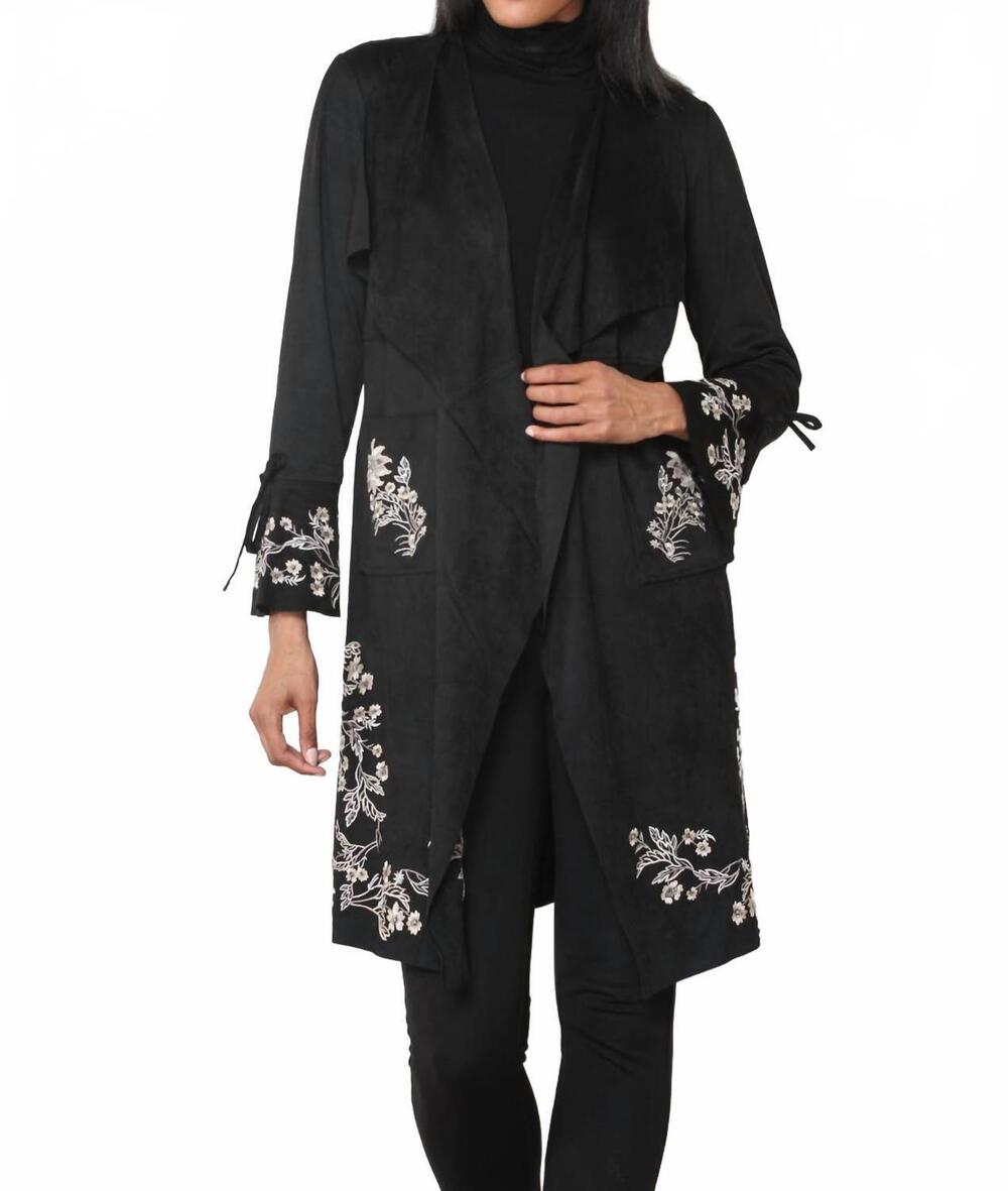 NEW PAPARAZZI faux suede embroidered drape front bell sleeve jacket in black